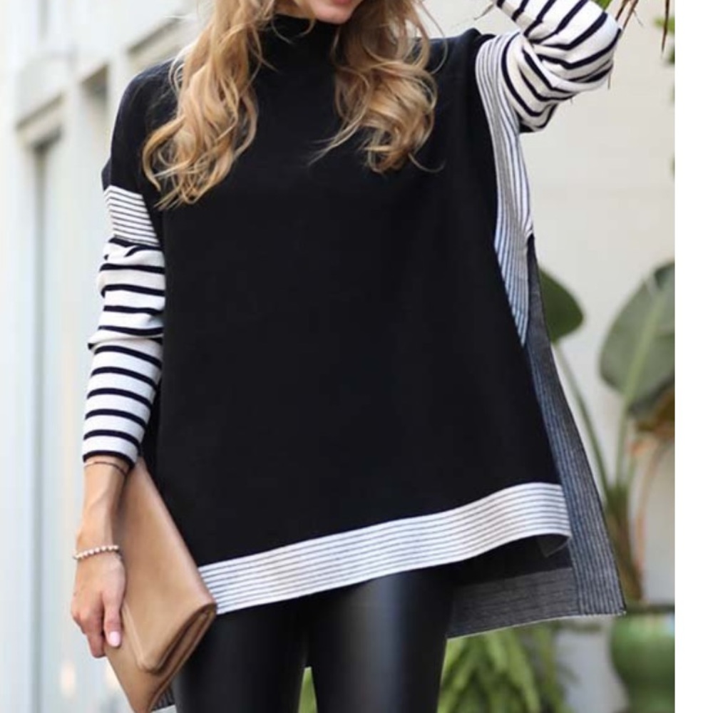 Black Stripe-Side Mock Neck Hi-Low Sweater - PRELOVED